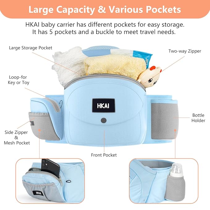 HKAI Baby Hip Carrier,Baby Carrier with Adjustable Waistband & Breathable Mesh, Ergonomic Carrier with Non-Slip Hip Seat Surface for Newborns & Toddlers (Light Blue)