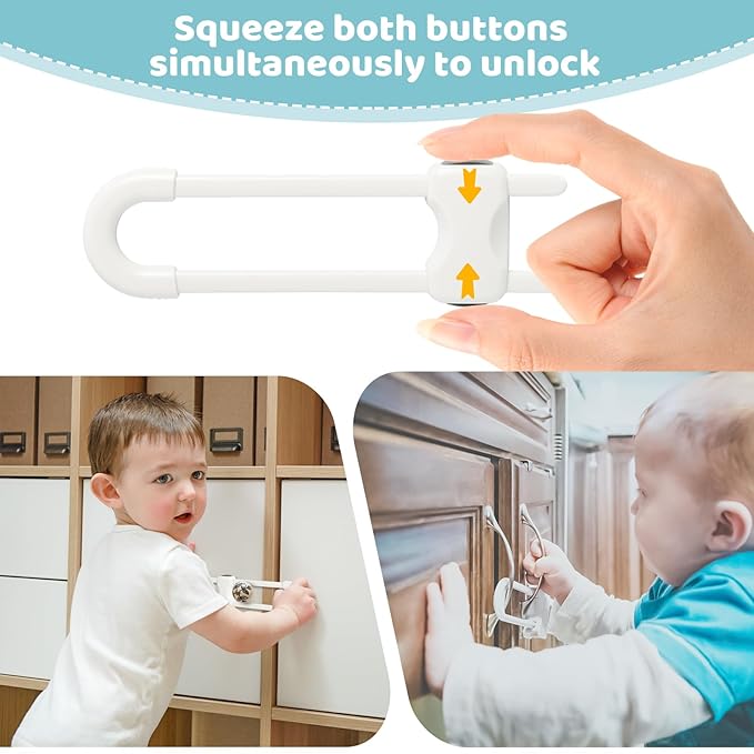 Baby Proofing Cabinets, Sliding Cabinet Locks for Babies, Adjustable U Shaped Baby Safety Locks, Childproof Cabinet Latch for Kitchen, Bathroom, Drawer, Cupboard Doors Knobs & Handles (10Pack White)