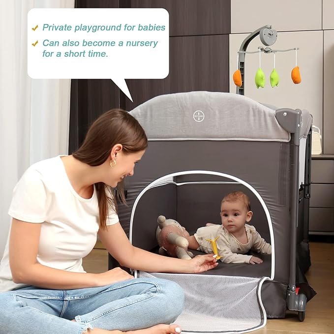 Zdolmy Baby Bedside Sleeper Bassinet, 4-in-1 Pack and Play with Bassinet w/Diaper Changing Table & Storage Bag, 3 Adjustable Heights, Toy Arch & Music, Portable Baby Play Yard with Carry Bag