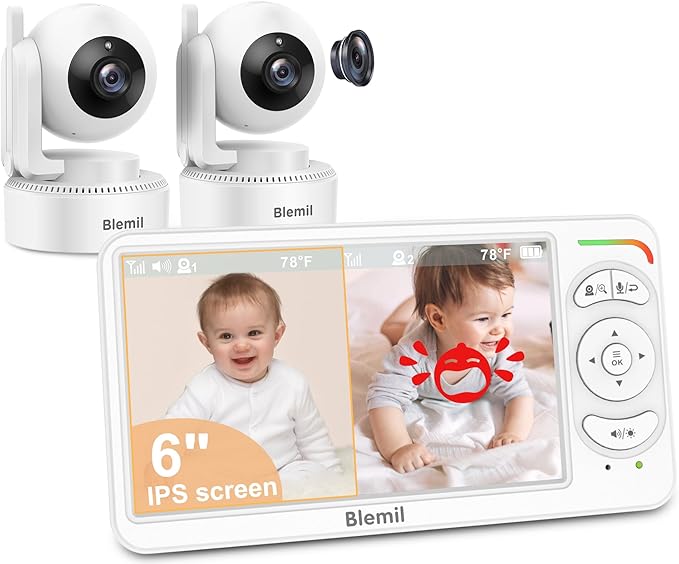Blemil 6" Baby Monitor with 2 Cameras 4000mAh Battery Upgrade Split Screen Video Baby Monitor No WiFi Remote Pan-Tilt-Zoom Auto-Night Vision 150 Languages ECO Mode 2-Way Talk 1000FT (Ideal Condition)