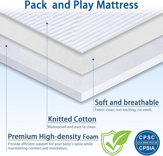 Ustenroya Pack and Play Mattress 38 x 26 x 1.5 inch, Soft Breathable Playard & Pack N Play Mattresses with Washable Waterproof Cover for Baby ＆Toddler
