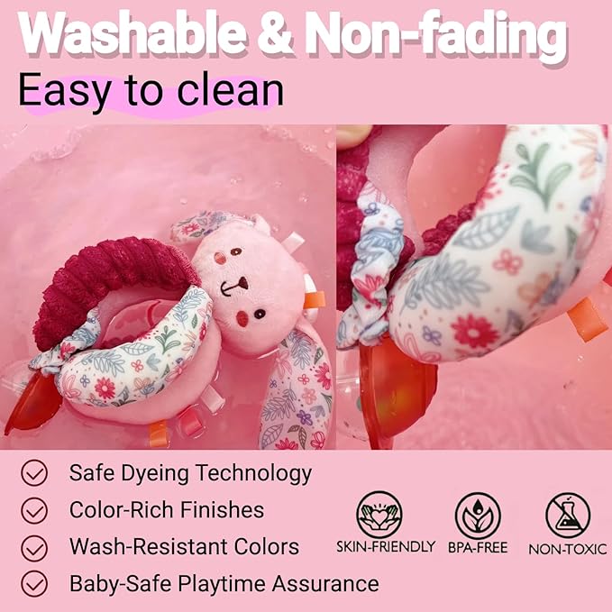 Baby Stroller Hanging Car Seat Toys for Infants 0-6 Months Girl 0-2-3-4-5-7-8 6-12 Month Old Newborn Valentines Gifts, Carseat Pink Plush Toy for Babies Play Gym Rattle Easter Basket Stuffers