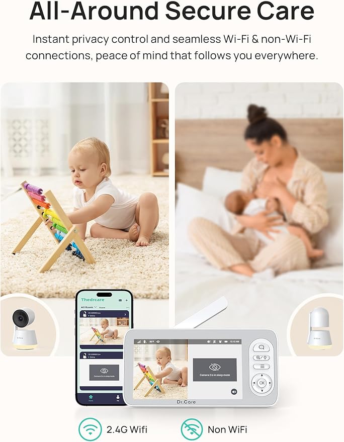 Dr.Care LumiView Plus Smart WiFi Baby Monitor with 2 Cameras - 5.5" 1080P Split Screen & 2K Camera, Privacy Mode, Cry & Motion Alerts, 5000mAh Removable Battery, RGB Night Light, HD Night Vision