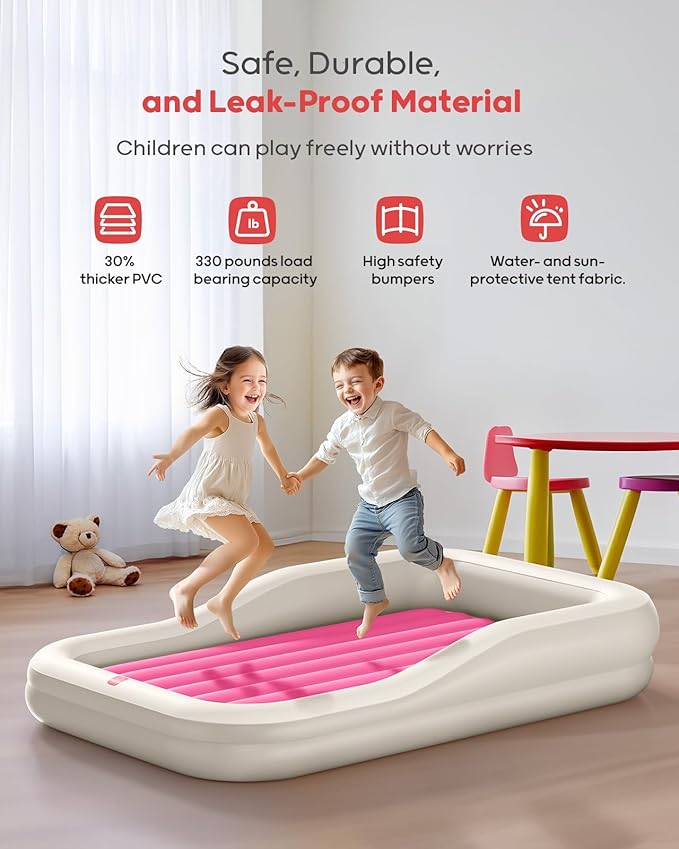 QPAU Inflatable Toddler Travel Bed with Tent, Portable Kids Air Mattress with Safety Sides, Ideal for Home, Grandma's, Camping, Traveling -Includes Fast Electric Pump