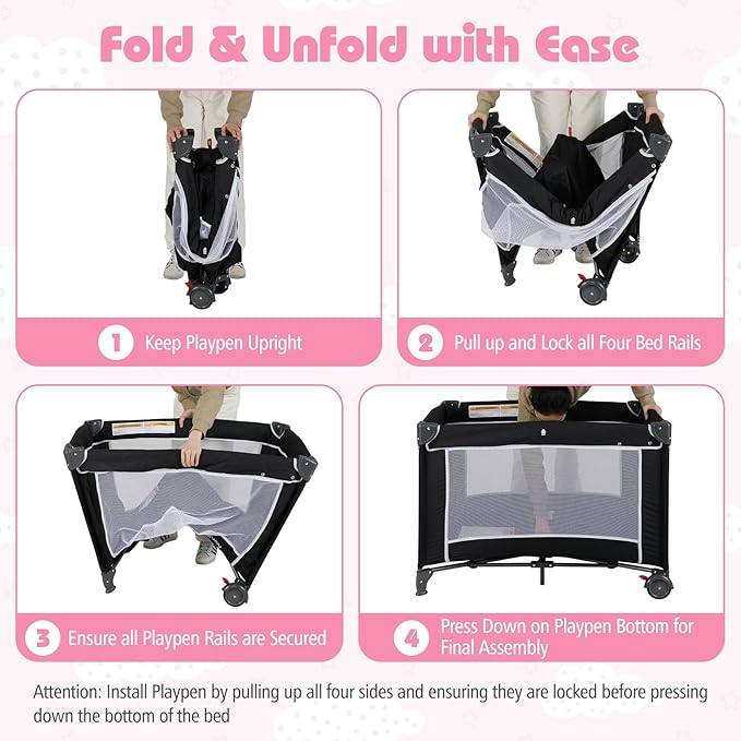 HONEY JOY Pack and Play, 4 in 1 Folding Infant Playpen with Bassinet, Quickly Assembled, Breathable Mesh Fabric, Carry Bag, Diaper Changing Table, Toys, Portable Crib for Babies & Toddlers (Black)