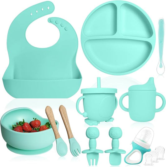 Bluet B- Silicone Feeding Set - Pacifier, Baby Spoons, Suction Bowl, Plate - Baby Utensils - First Foods Set - 11pcs - Green