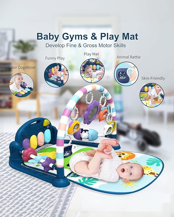 dearlomum Baby Play Mat Gym,Funny Play Piano Interactive Activity Mat with 5 Infant Sensory Toys & 4 Wrist Rattle Socks, Boy & Girl Gifts for Newborn 0 to 3 6 9 12 Months(Blue)