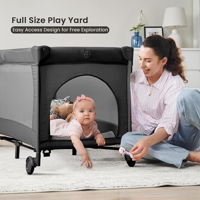 Large Pack and Play, Baby Bed Portable Crib with Diaper Changing Table Mattress Hanging Toys & Decor, Travel Bassinet Bedside Sleeper Playard from Newborn to Toddlers