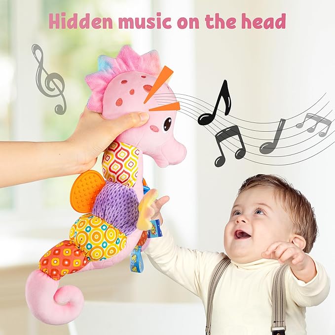 LIGHTDESIRE Baby Toys Musical Seahorse Stuffed Animals Infant Toys 0-6-12 Months with Mirror|Rattles|Crinkle|Baby Teething Toys,Sensory Toys for Tummy Time Newborn Boys Girls Birthday Gifts(Rose Pink)