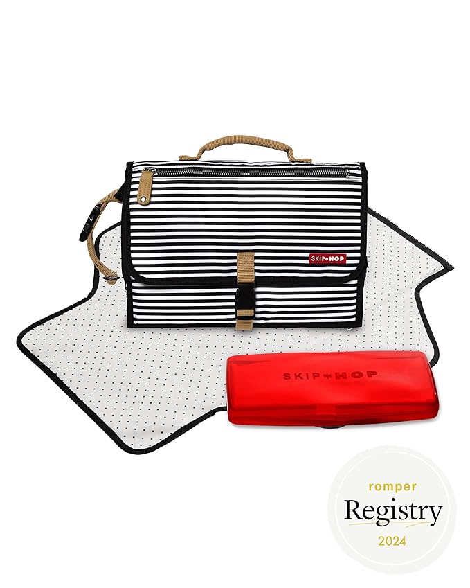 Skip Hop Pronto Signature Portable Changing Mat, Cushioned Diaper Changing Pad with Built-in Pillow, Black Stripe