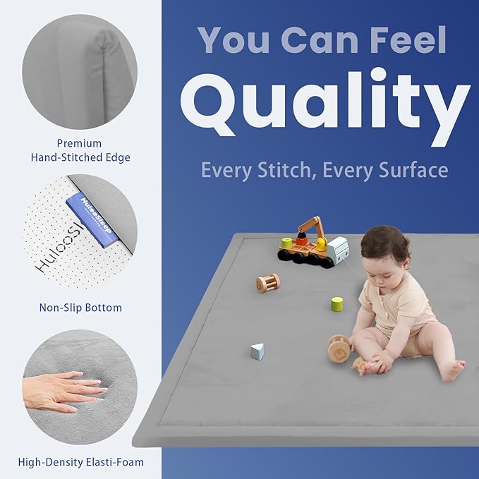 Baby Play Mat for Floor,1.3" Thick Elasti-Foam 74×50 Playpen Mat for Toddlers Infant Kids,Water-Repellent Soft Coral Velvet for Tummy Time, Non-Slip Backing for Crawling,Tatami Style(Light Grey)