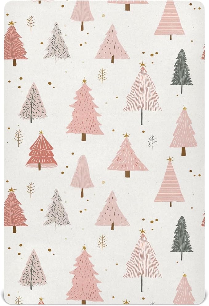 Pfrewn Christmas Crib Sheets for Boys Girls Pink Pastel Christmas Trees Star Gold Glitter Fitted Crib Sheet for Mini Crib Mattress Stretch Soft Winter Pattern Toddler Baby Playard Sheet,39x27IN