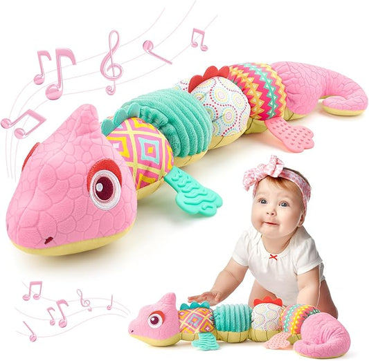 AWOTOY Baby Toys 0-6-12 Months, Musical Stuffed Animal Activity Soft Toys with Multi-Sensory Crinkle,Rattles and Textures,Infant Baby Girl Toys Gifts for Newborn Tummy Time,Dinosaur,Pink