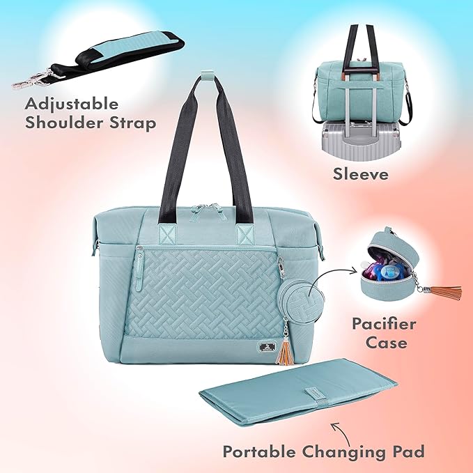 Dikaslon Diaper Bag Tote, Large Travel diaper tote for Mom and Dad, Multifunction baby tote bag for Boys and Girls with Pacifier Case and Changing Pad, Light Blue