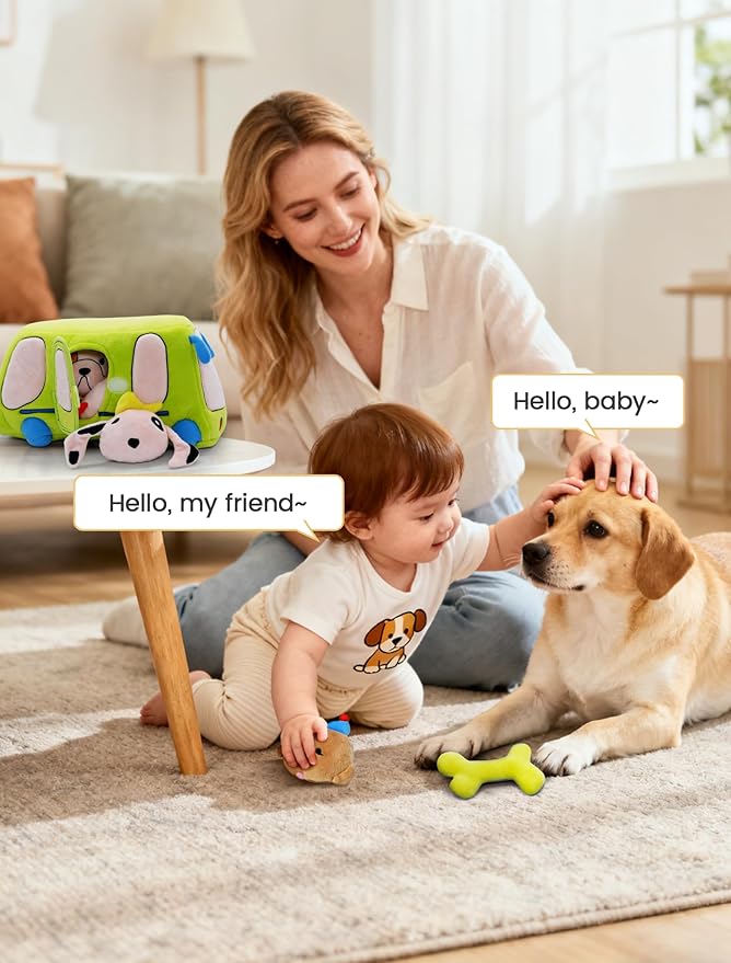 Baby Toys 6-12 Months - Sensory Toys Bus with Stuffed Puppies, Rattle, Crinkle Paper, Mirror & Squeaker, Montessori Toys for 6 Month Old Babies, Sensory Balls Toddlers 1-3