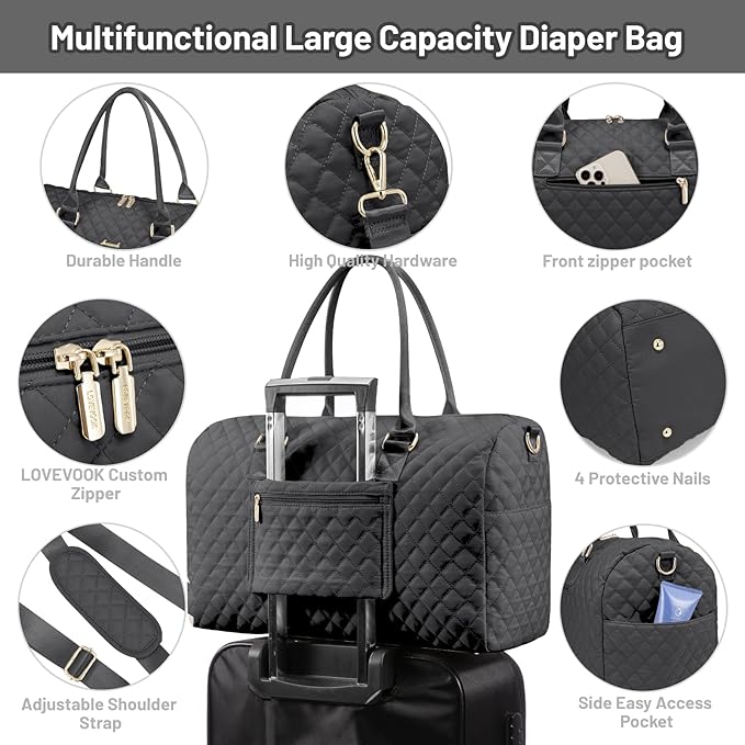 LOVEVOOK Diaper Bag Tote with Pacifier Case and Changing Pad, Large Capacity Mommy Bag for Hospital and Weekender Travel, Functional Baby Bag Newborn Baby Essential, Black