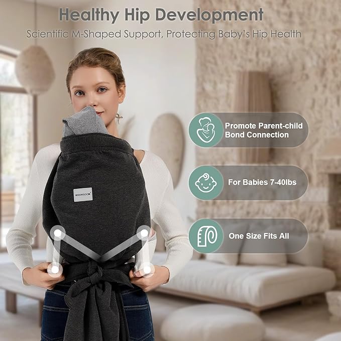 Baby Carrier, Baby Wearing Carrier, Hands Free Toddler Wearing, Adjustable Baby Wraps Carrier Newborn to Toddler(7-40lbs), One Size Fits All, Kangaroo Infant Carriers, Grey