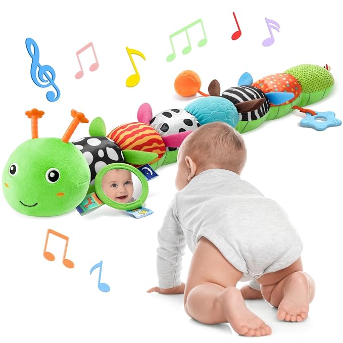 AWOTOY Baby Toys 6-12 Months Music Caterpillar Infant Toys Stuffed Animals 0-3-6 Months Tummy Time Teething Sensory Toys with Mirror Rattle&Pull String for Boys Girls Birthday Gifts|Grass Green,Leafy