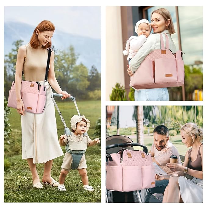 Lekebaby Diaper Bag Tote for Baby - 17 Pockets Large Travel Diaper Tote with Portable Changing Pad, Mom Crossbody Hospital Bag for Labor Delivery, Waterproof, Baby Essentials for Newborn Gifts, Pink