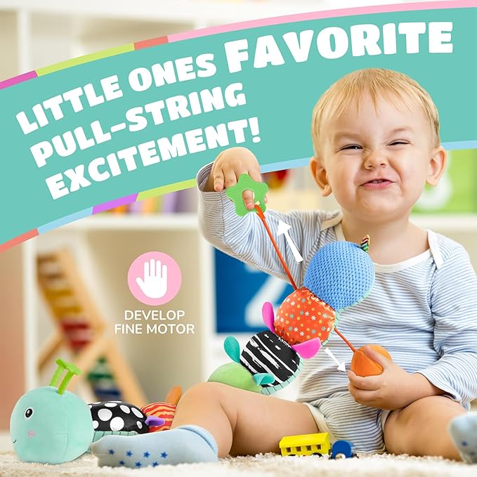 AWOTOY Baby Toys 6-12 Months Music Caterpillar Infant Toys Stuffed Animals 0-3-6 Months Teething Tummy Time Sensory Toys with Mirror Rattle&Pull String for Boys Girls Birthday Gifts|Tiffany Blue,Leafy
