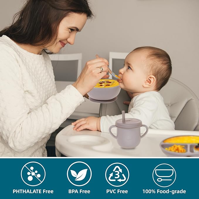 Dormlony 100% Silicone Baby Feeding Set, BPA Free, 9 Pcs: Suction Bowl, Divided Plate, Toddler Self Feeding Dish Set with Spoons, Forks, Sippy Cup, Bib, Beige