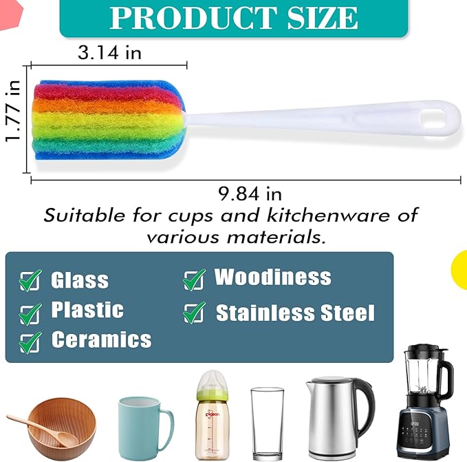 Bottle Brush Cleaner 8PCS Sponge Cleaning Brushes Long Handle Scouring Pad Scrub Brushes for Kitchen Clean Baby Bottle Glasses Mugs Cups (8PCS)