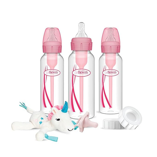 Dr. Brown's Natural Flow Anti-Colic Options+Narrow 8oz/250mL Baby Bottle + Lovey Gift Set with Level 1 Slow Flow Nipples, Pink