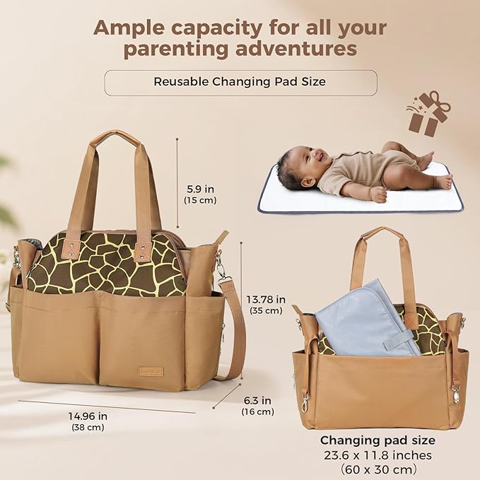 Lekebaby Diaper Bag Tote for Baby - 17 Pockets Large Travel Diaper Tote with Portable Changing Pad, Mom Crossbody Hospital Bag for Labor Delivery, Waterproof, Baby Essentials for Newborn Gifts, Brown