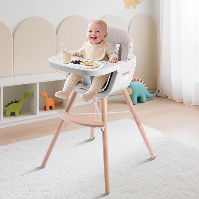 High Chairs for Babies and Toddlers,3 in 1 Convertible Wooden highchair, Baby High Chair with Adjustable Legs,5 Point Harness, Footrest, Dishwasher-Safe Tray & PU Leather Cushion, Beige