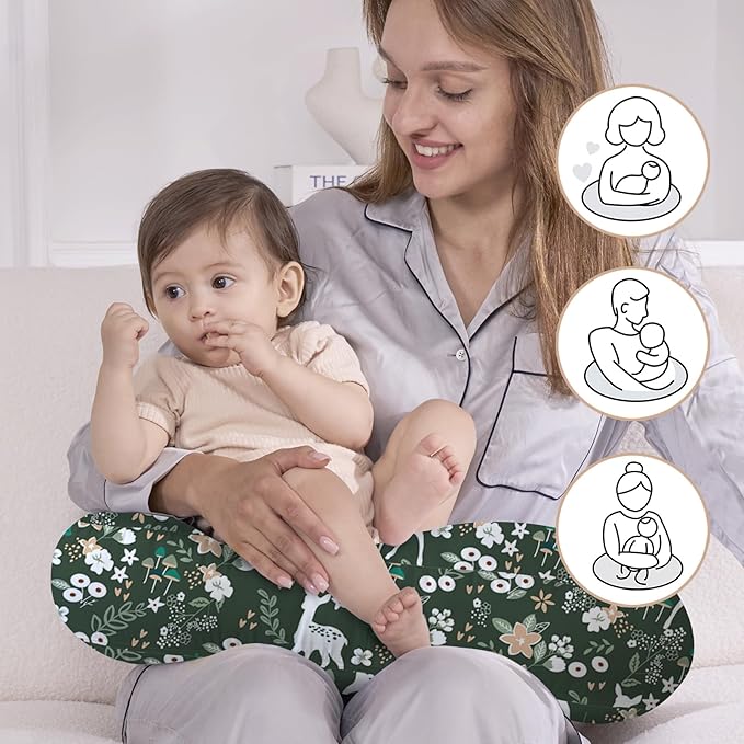 Little Grape Land Nursing Pillow, Upgraded Breast Feeding Pillow for Mom, Breastfeeding Bottle Feeding for 0–16 Months, Machine Washable Cover with Firm Breathable Filling for Tummy Time, Forest Deer
