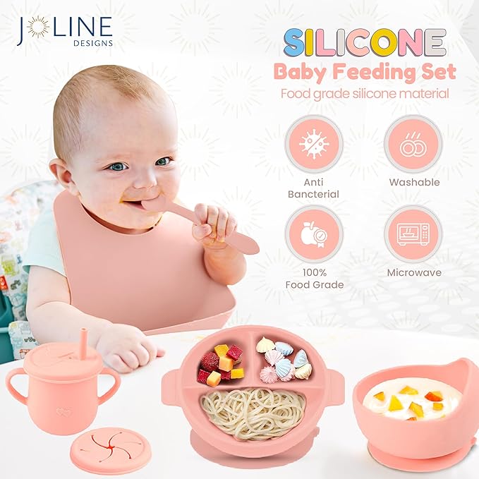 Joline Designs Silicone Baby Feeding Set - Perfect silicone plates for baby & Toddler Plates with lid, Baby Bowls with Suction, Baby Utensils - Baby Led Weaning Supplies & Eating Essentials - (Peach)