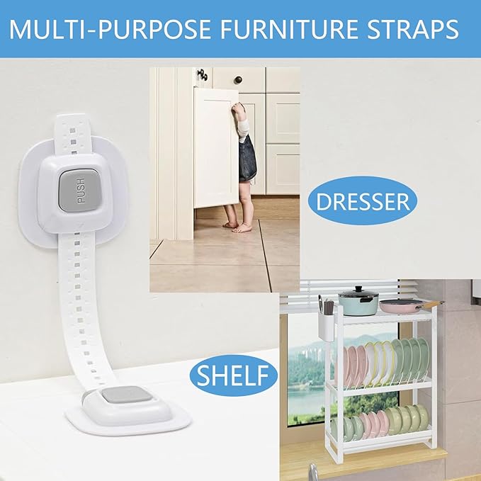 YEYA No Drill Anti tip Furniture Adjustable Straps Wall Anchors for Baby proofing with Strong 3M Adhesive Backing (Upgraded 2P)