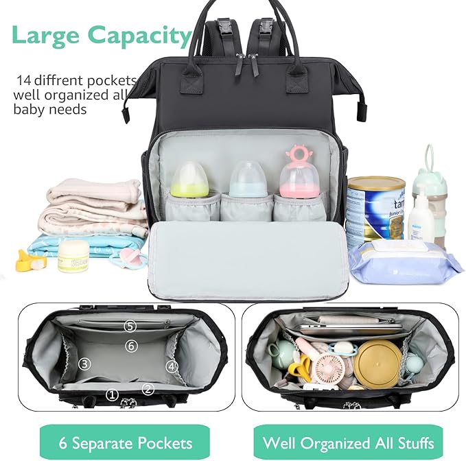 Large Diaper Bag Tote, 14 Pockets Stylish Baby Bag with Stroller Clips and 3 Insulated Pockets, Baby Shower Essentials