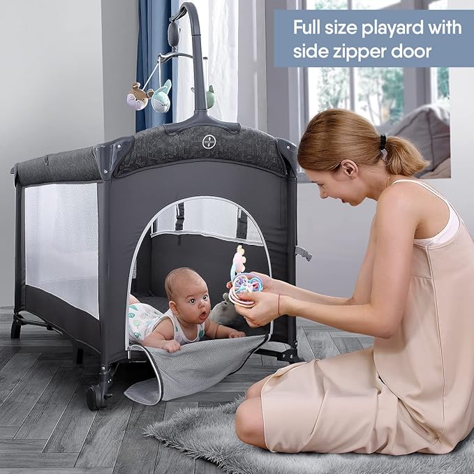 BabyBond Baby Bassinet Bedside Crib, Pack and Play with Sheet, Diaper Changing Table and Music Mobile from Newborn to Toddles, Portable Large Playard