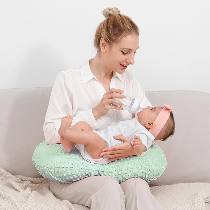 QUENESS Nursing Pillow and Positioner, Breastfeeding, Bottle Feeding, Baby Sitting Support with Removable Ultra Soft Cover, Tummy Time Support for Baby Boys and Girls (Green)