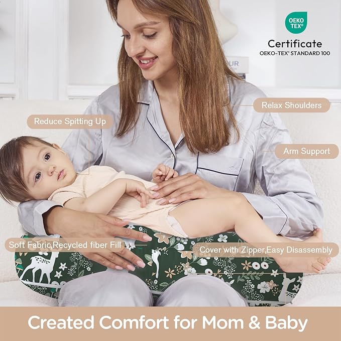 Little Grape Land Nursing Pillow, Upgraded Breast Feeding Pillow for Mom, Breastfeeding Bottle Feeding for 0–16 Months, Machine Washable Cover with Firm Breathable Filling for Tummy Time, Forest Deer