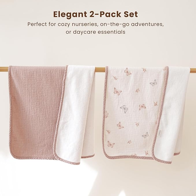 Konssy 2 Pack Waterproof Muslin Cotton Portable Changing Pad 30"x 17", Soft & Foldable Baby Changing Mat Travel Pad with Terry Backing, Shower Gift for Newborn Girls Boys (Taupe,Butterfly Dreams)