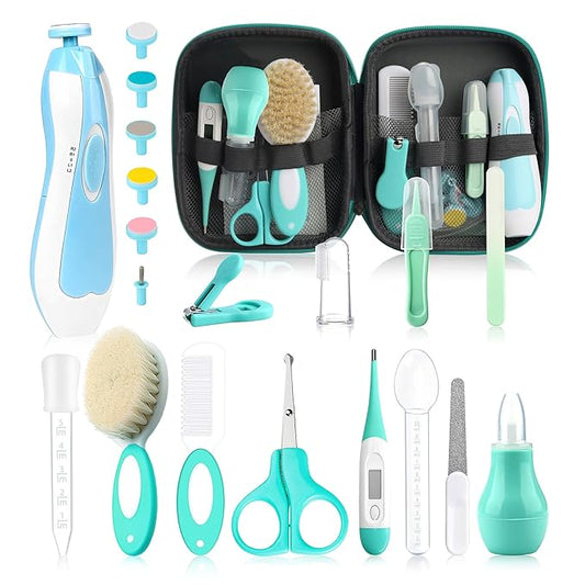 Baby Grooming Kit, Electric Safety Nail Trimmer Baby Nursery Kit，Infant Safety Care Set with Hair Brush Comb Nail Clipper Nasal Aspirator,Baby Essentials Kit for Newborn Girls Boys (20 Pc Green Kit)