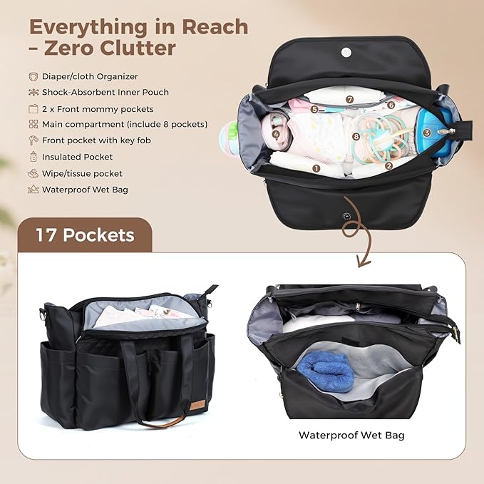 Lekebaby Diaper Bag Tote - 17 Pockets Large Travel Diaper Waterproof Tote with Portable Changing Pad, Mom Crossbody Hospital Bag for Labor Delivery, Baby Essentials for Newborn Gifts, Black