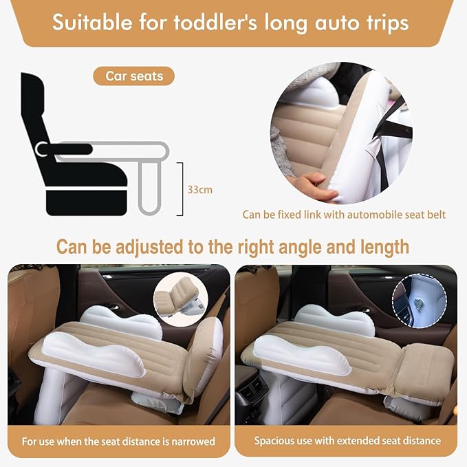 Sunlisky Inflatable-Toddler-Travel-Bed for Airplane Car Seat Portable Foldable Infant Travel Bed Baby Travel Crib with Sides,Hand Pump Safety Belt and Carry Bag Sets (Beige)