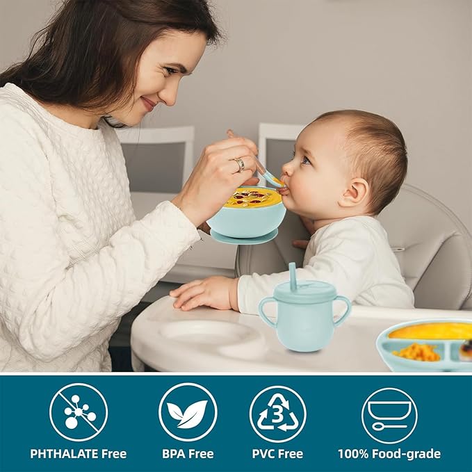 Dormlony 100% Silicone Baby Feeding Set,BPA Free Baby Dishes Set with Suction Bowl Divided Plate,Toddler Self Feeding Dish Set with Spoons Forks Sippy Cup and Bib, Baby Eating Utensils(Light Blue)