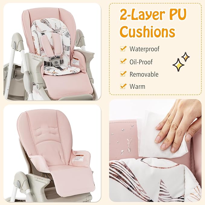 HONEY JOY Baby High Chair, Foldable High Chairs for Babies and Toddlers, Adjustable Heights, Recline Backrest & Footrest, Double-Layer Tray & Cushion, Portable Infant Highchair with Wheels (Pink)