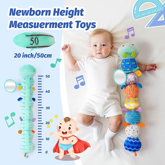 Baby Toys 0-6 Month, Musical Caterpillar Baby Rattle, Plush Sensory Toy with Mirror, Crinkle Textures, Newborn Developmental Tummy Time Stuffed Animal for Infants Boys Girls 6-12 Months (Blue)