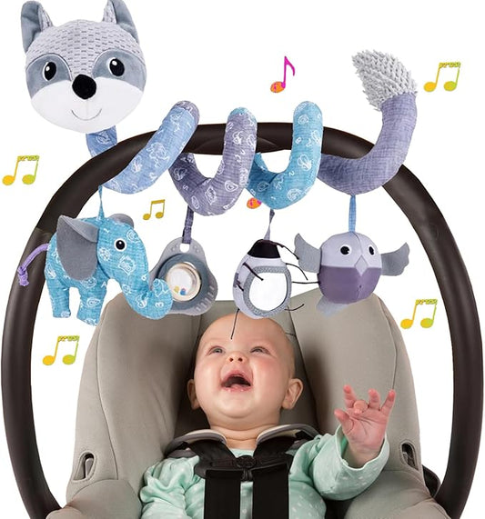 Car Seat Toys, Baby Toy 3-6 Months Carseat Stroller Toys Infant Spiral Activity Toy 0-3 Month, Hanging Car Toys for Babies 0-6 Months Newborn Boys Girls with Music Rattle Squeaker - Gray Fox