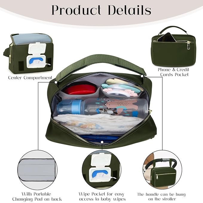 printe Small Diaper Bag with Portable Changing Pad, Crossbody Diaper Pack with Wipes Pocket, Women Waist Bag for Travel (Olive Green, Large)