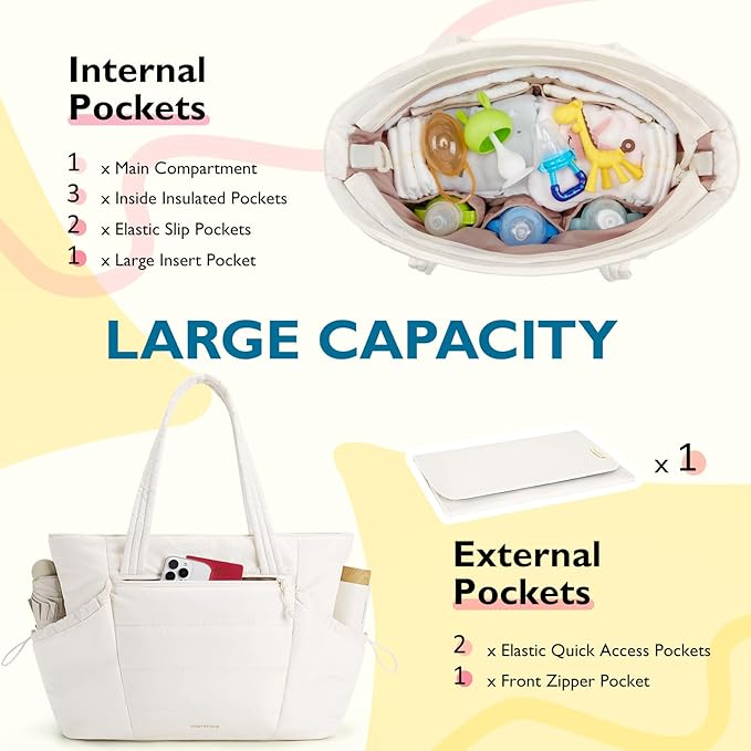mommore Diaper Bag Tote with Stroller Organizer Puffer Bag Large Capacity Baby Bag with Changing Pad for Travel, Hospital