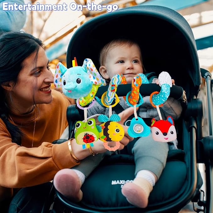 BATOHO Car Seat Toys for Babies 0-6 Months, Hanging Spiral Activity Stroller Toy for Infants 3-6 Months, Developmental Toy for Newborn 0 3 6 12 Month with Music Box Rattle Squeaker- Blue Elephant