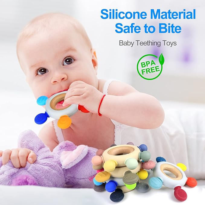 Arudyo Baby Teething Toys Silicone Teethers BPA Free Silicone Rudder with Wooden Ring Soothe Babies Gums (Ocean)