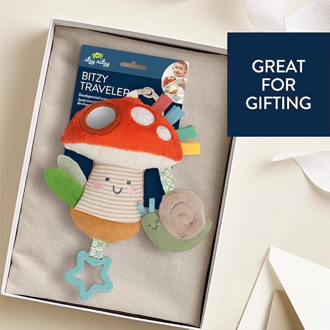 Itzy Ritzy Bitzy Traveler Car Seat & Stroller Toy for Babies – Developmental Sensory Toy Features Crinkle & Rattle Sounds & Multiple Textures –Hanging Travel Toy for On-the-Go Entertainment (Mushroom)