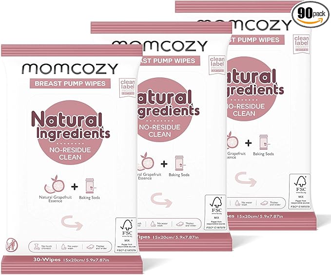 Momcozy Natural Breast Pump Wipes for Pump Parts Cleaning On-the-go, 30 Count (Pack of 3), Flash Clean & Resealable Pump Wipes